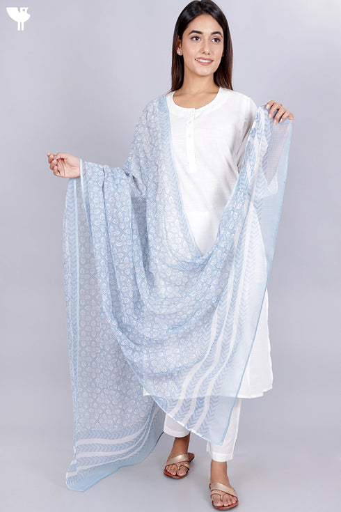 Kota Doria Dupatta In Block Print